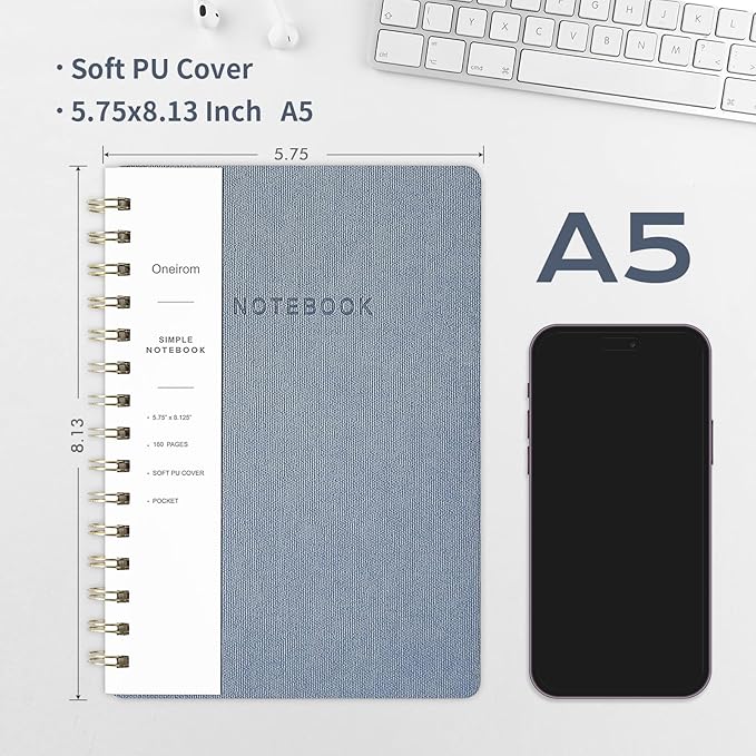 Spiral Notebook - Lined 160 Pages Journal with Back Pockets for College Journal, Twin-Wire Binding Notebook Perfect for Office & Home School Supplies Violet Reef Blue Grey