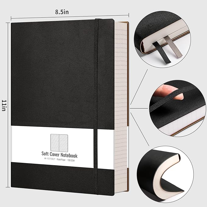 AHGXG 8.5''×11'' Notebook College Ruled - Large A4 Notebook Lined Journal - 320 Pages Thick Journal for Writing, 100gsm Thick Paper, Leather Softcover, for Work School - Black