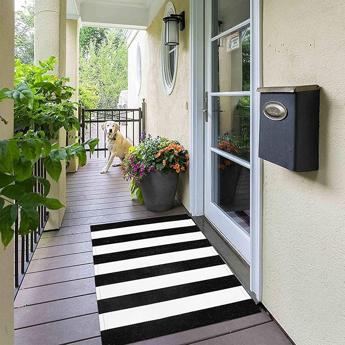 Collive Christmas Black and White Outdoor Striped Rug 24"x 51", Cotton Woven Front Porch Rug Decor, Washable Farmhouse Layered Welcome Mat Outdoor for Kitchen Entryway Entrance