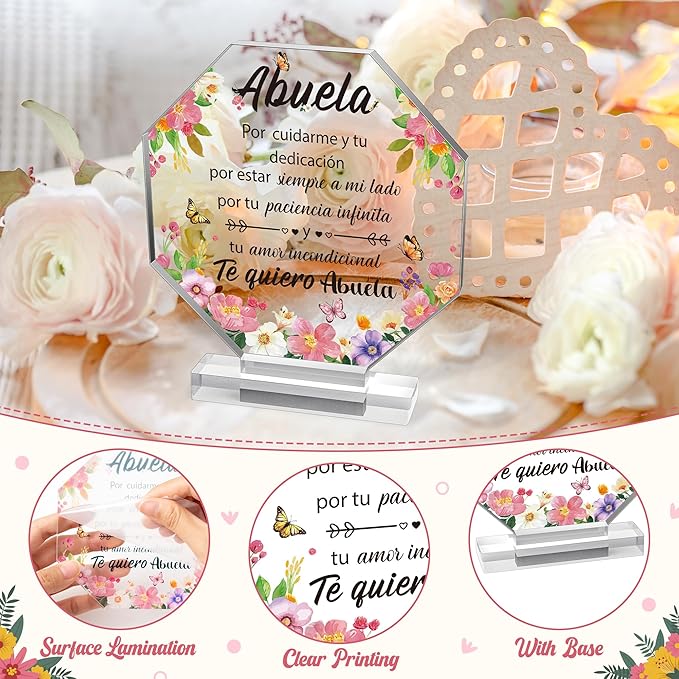 Yopyame Spanish Grandma Birthday Gifts - Regalos para Abuela Acrylic Plaque Decor Keepsake Paperweights Gifts for Grandma in Spanish Christmas Mothers Day Gifts for Grandma from Granddaughter Grandson