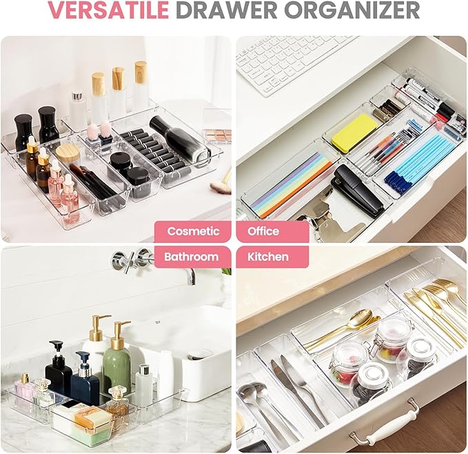 HOUSE DAY Makeup Drawer Organizer Trays 24 PCS, 4-Size Clear Drawer Organizers with Silicone Pads, Vanity Organizers and Storage, Non Slip Plastic Drawer Organizer for Desk, Bathroom, Kitchen, Office