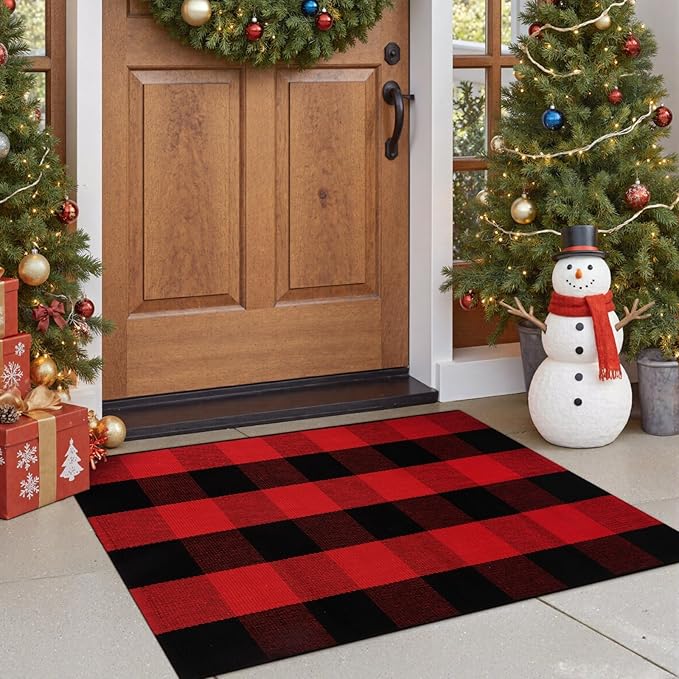 OJIA Christmas Buffalo Plaid Door Mats Outdoor 2'x3', Cotton Red&Black Front Door Rug Machine Washable Small Area Rug Farmhouse Indoor Throw Rugs for Layered Doormat/Porch/Entryway/Kitchen/Bathroom