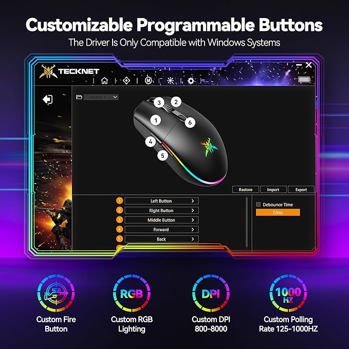 TECKNET Wireless Gaming Mouse Rechargeable - 8000 DPI, Long-Lasting 100Hrs Battery, RGB Backlit, 6 Programmable Buttons, Dual Connectivity (2.4G + USB-C) for PC, Mac, Laptop - Black