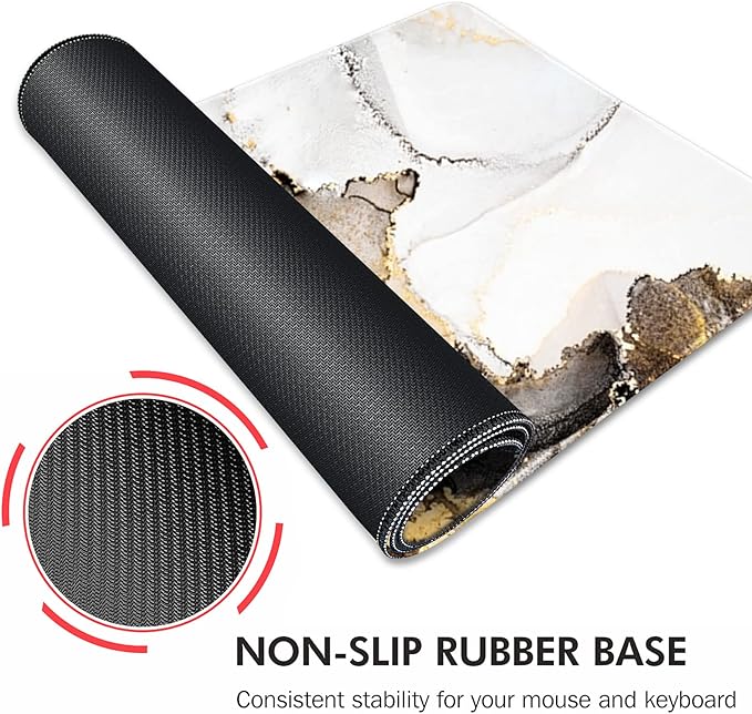 Galdas Large Mouse Pad XXL XL Large Mouse Pad Long Extended Mousepad Desk Pad Non-Slip Rubber Mice Pads Stitched Edges Thin Pad (31.5x11.8x0.12 Inch)-Ink White Gold Marble