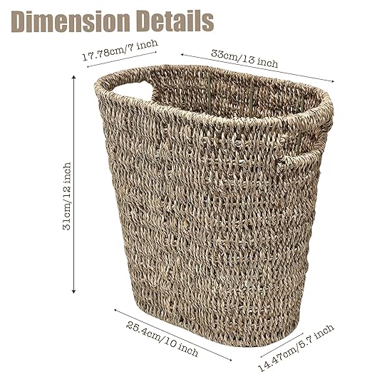 PINXIURY Bathroom Wicker Trash Can Wicker Waste Basket with Built-in Handles Seagrass Hand Woven Garbage Can for Bedroom Office Kitchen 100% Handmade