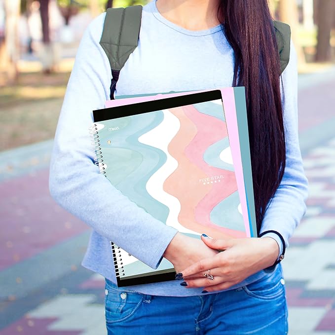 Five Star Spiral Notebook + Study App, 1 Subject, Wide Ruled, 8" x 10-1/2", 80 Sheets, Fights Ink Bleed, Water Resistant Cover, Pastel Waves (930060F)