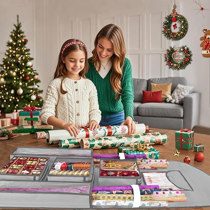 Hanging Gift Wrapping Paper Storage, 40"X17" Grey Double-Sided Christmas Wrapper Bag Container, Oxford Craft Roll Organizer, Present Wrap Holder for Bedroom Closet, Door, Cabinet