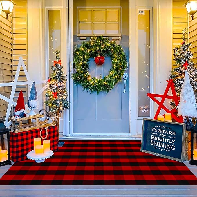 Ckorzen Red and Black Plaid Rug, 4' x 6' Christmas Halloween Outdoor Front Door Decor Mat, Cotton Hand-Woven Washable Rug for Layered Door Mats Carpet for Porch, Entryway