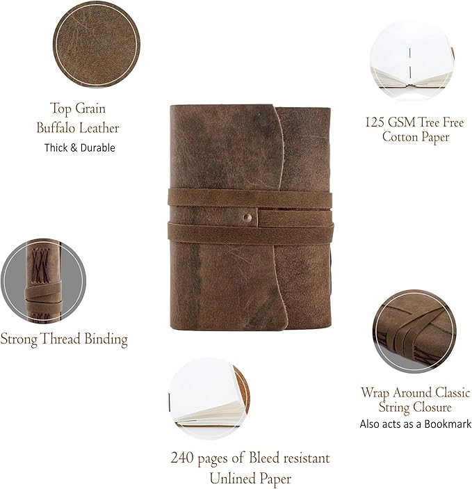 Leather Journal Notebook, Genuine Leather Journal for Men & Women Handmade Writing Travel Notebook, 240 Unlined Pages Vintage Notepad Gift: Rustic Brown (7"x5")