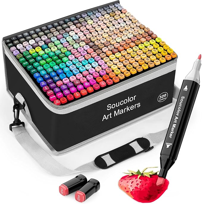 Soucolor Alcohol Markers 320 Colors with Case & Holders, Dual Tips Chisel & Fine Art Markers for Adult Coloring Kids Drawing, Artist Markers Art Supplies for Blending Sketching
