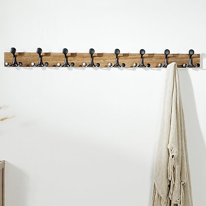 SKOLOO 43-Inch Wood Burnt Coat Rack Wall Mount with 8 Triple Hooks - Ideal for Family Entrances, Classrooms, and Pet Supplies Storage - Perfect Coat Hooks for Wall, Pack of 2