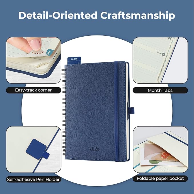 Planner 2026 Daily Weekly and Monthly,8.5"x6.5",12 Months Spiral Bound Calendar Agenda with Self-adhesive Pen Holder,2026 Appointment Book with Vegan Leather Soft Cover,Blue