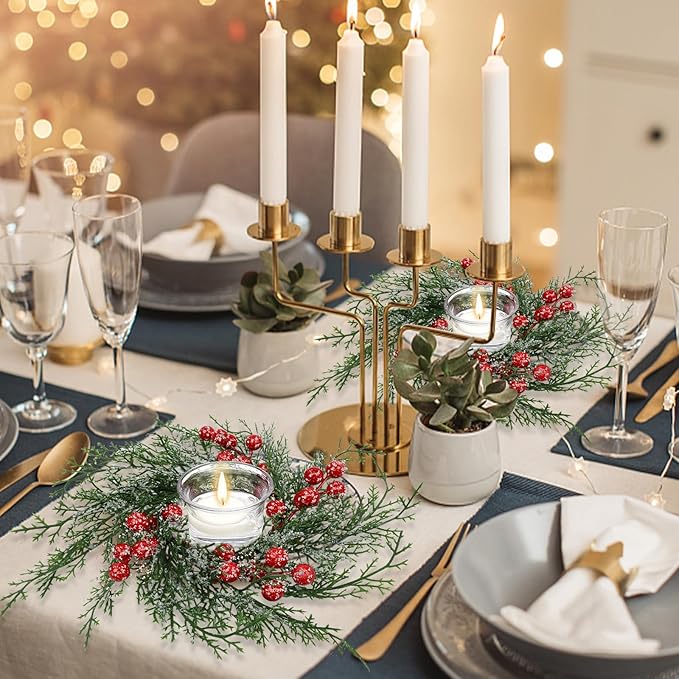 10 Pcs Christmas Candle Rings Wreath Artificial Candle Rings with Red Berry, Snowy Pine Garland Candle Ring Holder for Christmas Decorations Table Centerpiece