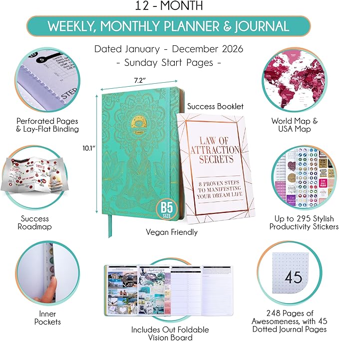 2026 Planner Weekly and Monthly | Law of Attraction Planner with Panduo App | A 12 Month Journey for Productivity, Gratitude & Goal Setting | Includes Foldable Vision Board, Gift Box & Stickers