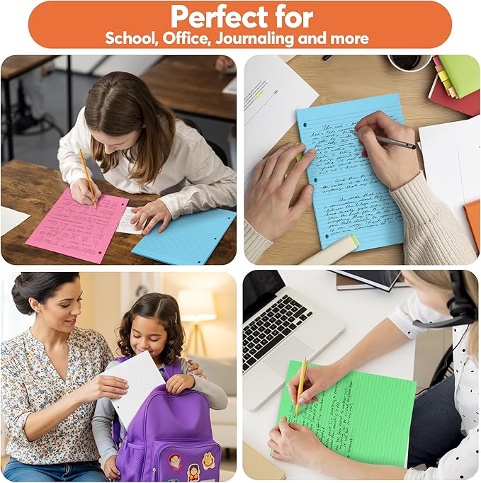 Colored Notebook Paper – 8.5 x 11, 150 Sheets – Thick 80 gsm College Ruled Colorful Loose Leaf Filler Paper – 3-Hole Punched Binder Papers for School, Office, and Journaling (Neon)