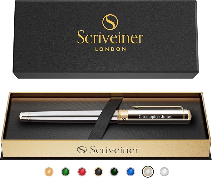 Scriveiner Personalized Silver Chrome Rollerball Pen - Stunning Luxury Pen, Real Gold Plating, Schmidt Ink Refill, Best Engraved Roller Ball Gift Set for Men & Women, Custom Name Engraving
