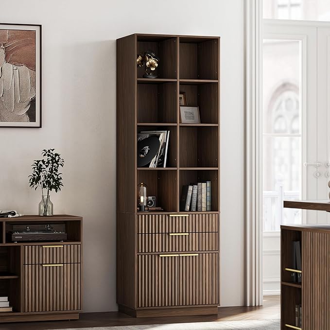 Bookshelf, Bookcase with Doors and 2 Drawers, Fluted Tall Bookshelf with 4-Tier Storage Shelves, 73 inch Wooden Book Shelf for Home Office, Living Room, Black Walnut