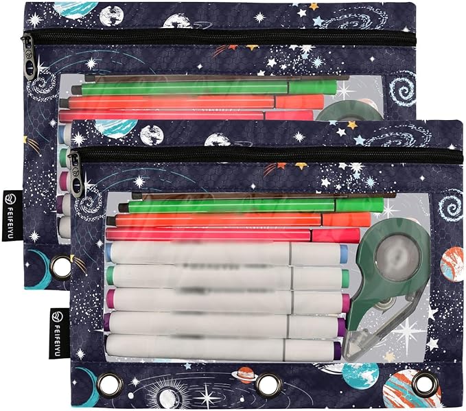 ZAZYXTJ Personalized Space Binder Pencil Pouchs 3 Ring with Zipper Clear Window Office Organizers bag for School Students Teacher Supplies 2 Pack