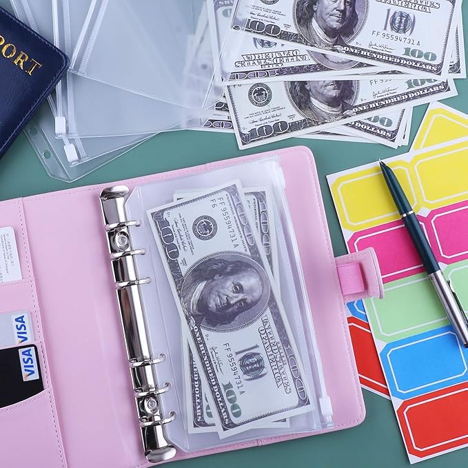 Antner A6 Budget Binder with Zipper Cash Envelopes for Money Organizer & Budgeting, PU Leather Budget Planner Money Saving Binder with Cash Stuffing Envelopes & Labels for Home Office Travel, Pink