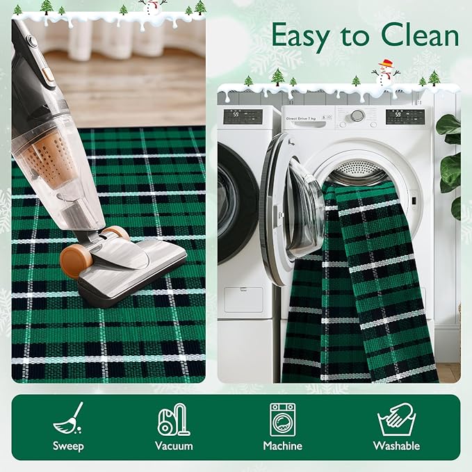 Christmas Door Mat Outdoor 24"x51", Green/Black Buffalo Plaid Front Porch Rug Cotton Hand-Woven Washable Layered Door Mats,Reversible Checkered Floor Rugs for Home Decor Outside