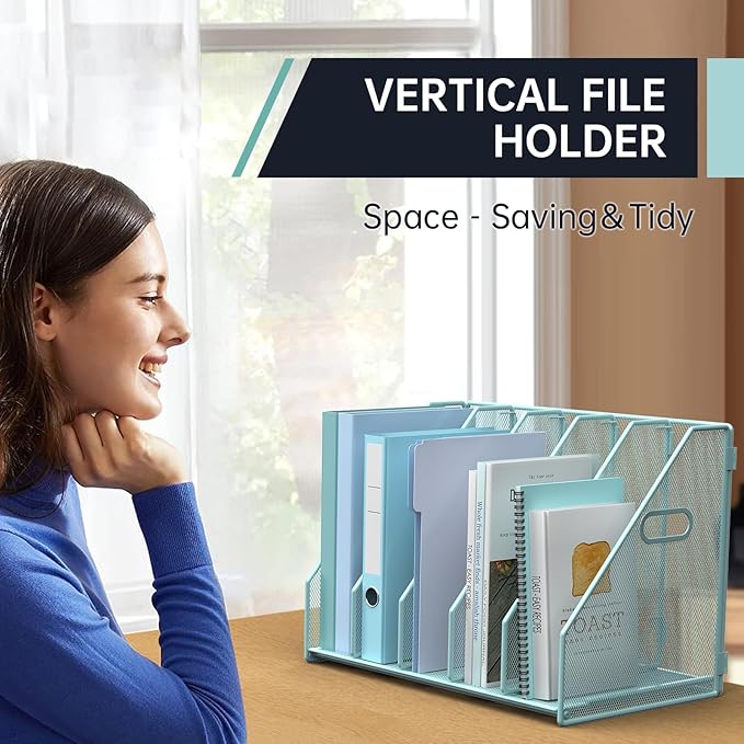 Desk File Organizer Metal Desk Magazine Folder Holder with 5 Vertical Compartments Rack File Organizer for Office, Home, School (Blue)