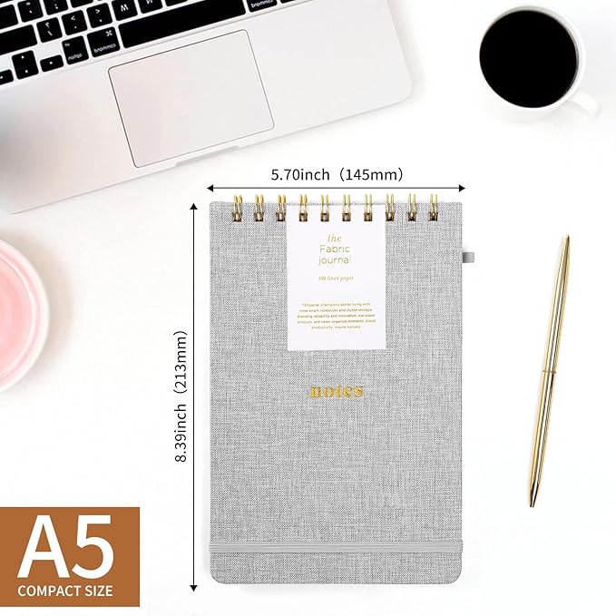 A5 Top Spiral Notebook – Hardcover Journal 160 Pages 100 GSM Thick Paper With Elastic Band & Pen Holder Steno Pads College Ruled Writing Notebooks for Work School Travel Gray