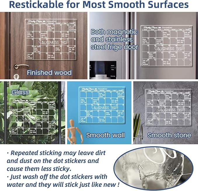 Clear Non-Magnetic Monthly Calendar for Fridge - Dry Erase Transparent Monthly Calendar - Sticks to Wall, Glass, Door, Any Smooth Surfaces