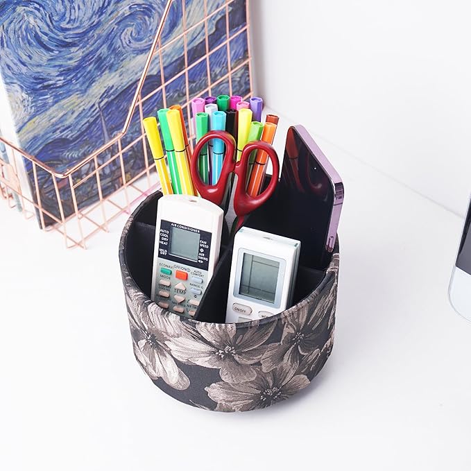 QIELIZI Round Leather Art Supply Organizer,Remote Control Holder,360 Degree Rotating,Multi-Functional Pencil Holder,4 Compartments Desktop Stationary Organizer(1-Dahlia Light Brown)