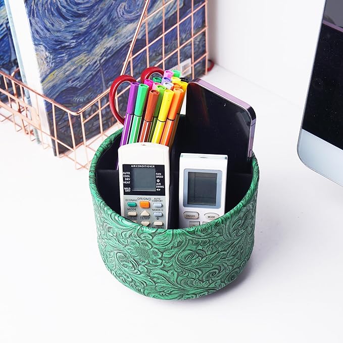 lizimandu Round Leather Art Supply Organizer,Remote Control Holder,360 Degree Spinning,Multi-Functional Pencil Holder,4 Compartments Desktop Stationary Organizer(1-Carved Green)