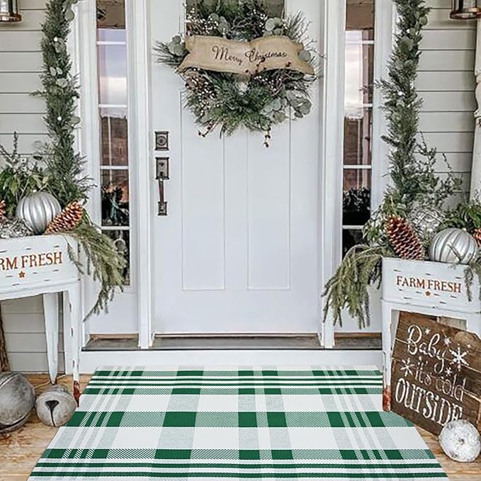 Christmas Plaid Outdoor Rug, 2'4" x 3'7" Green&White Checkered Indoor/Outdoor Area Rug, Layering Rug for Hello/Welcome Door Mat, Machine Washable Cotton Woven Rug for Farmhouse Front Porch,Entryway