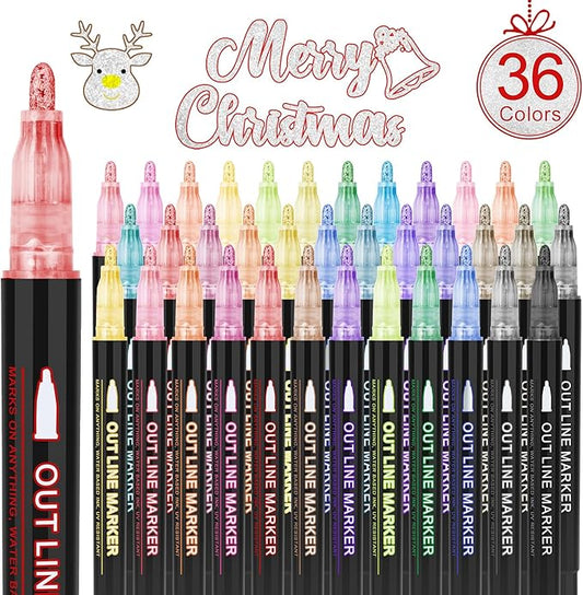 36 Pack Double Line Outline Markers, Squiggles Shimmer Markers Set, Self Outline Metallic Glitter Marker Pens for Christmas,Art, Drawing, Writing, Greeting Cards, DIY, Scrapbook, Easter Eggs