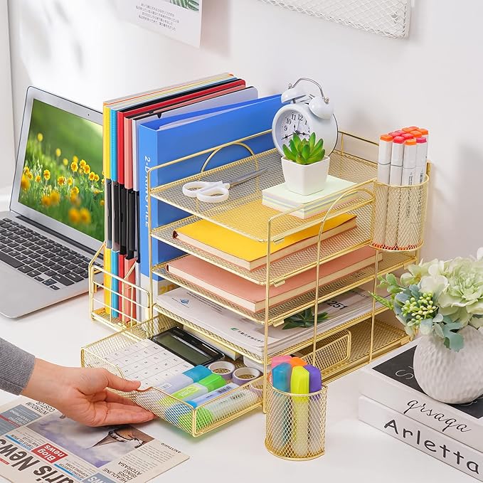 Marbrasse Rose Gold Desk Organizer with File Holder, 5-Tier Paper Letter Tray Organizer with Drawer and 2 Pen Holder, Mesh Desktop Organizer and Storage with Magazine Holder for Office Supplies