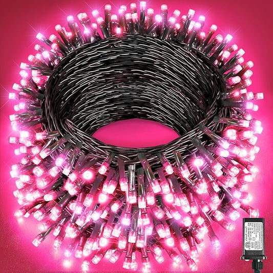 197FT 600 LED Christmas Lights Outdoor, Plug in Christmas Tree Lights 8 Modes, Waterproof Green Wire String Twinkle Lights for Indoor House Patio Garden Party Wedding Holiday Decorations, Pink