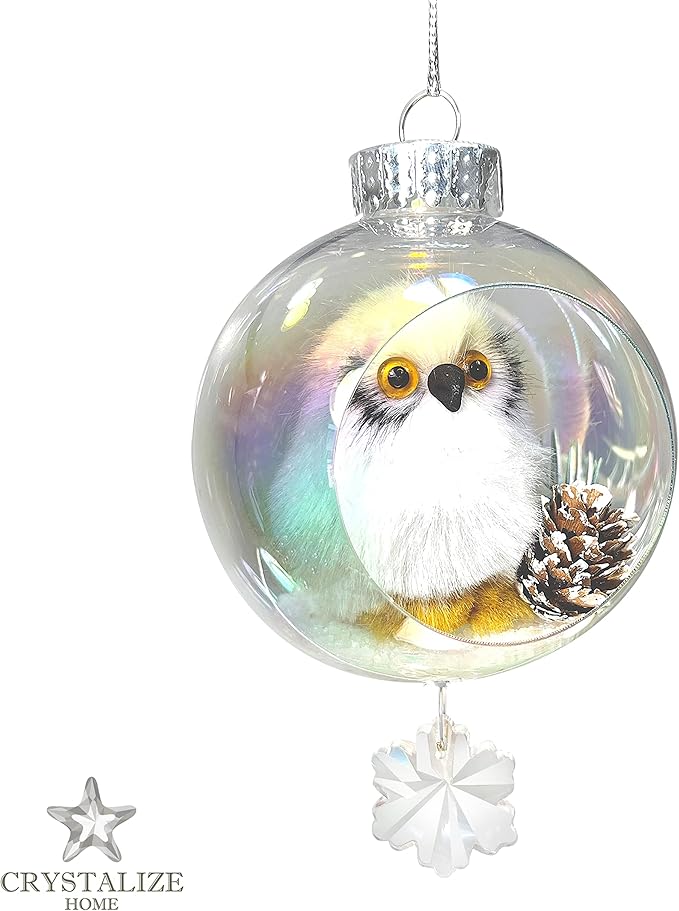 White Owl Christmas Ornament - Handmade Shatterproof Decorations for Indoor Outdoor Xmas Tree - Clear Ball Ornaments with Magnetic Crystal - Great Gift or Stocking Stuffer for Mom, Sister, Friend