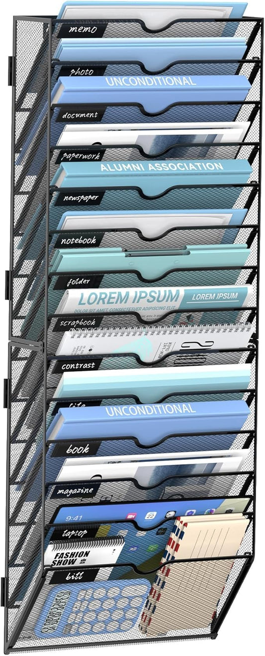 14 Tier Wall Hanging File Organizer, Paper Folder Holder Wall Mounted, Metal Mail Sorter for Office Home School, Black