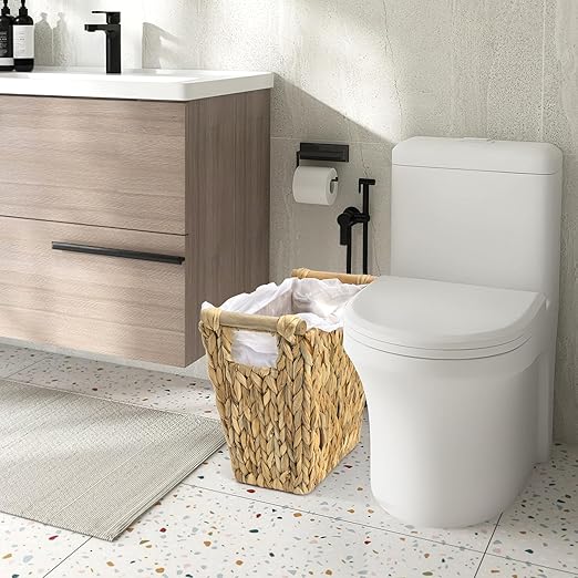 Wicker Waste Basket, Water Hyacinth Trash Can with Wooden Handles, Boho Handwoven Storage Container, Rustic Bathroom Garbage Bin, Decorative Magazine Holder for Home, Bedroom, Laundry, Office