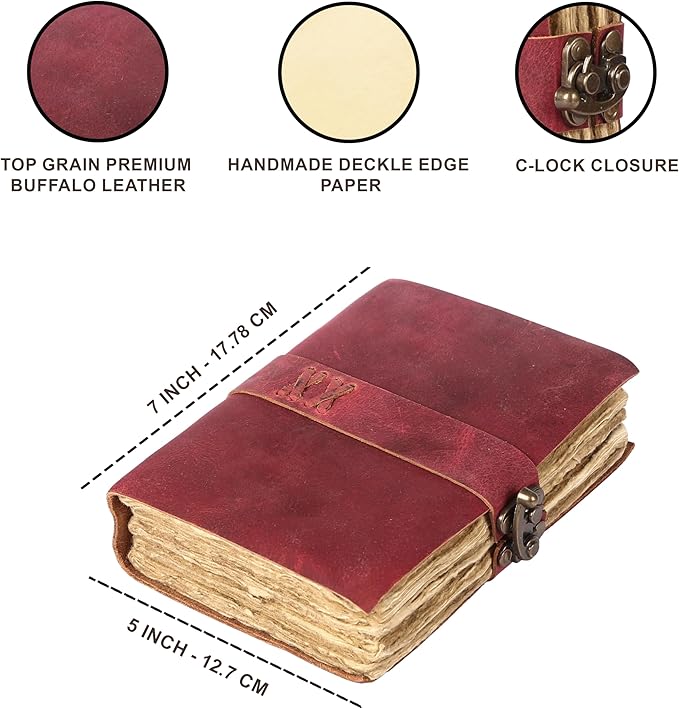 Vintage Leather Journal Handmade Buffalo Non-Refillable Deckle Edge Paper – Leather Bound Journal for Women, Men, C-Lock Closure, Ideal for Writing & Travel for Artists (Solid Pink)