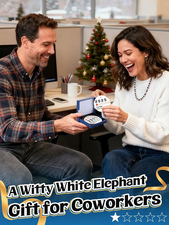 Funny Christmas Ornaments 2025 - Ceramic Hanging Tree Decorations with 1-Star Year Review Design, Gag White Elephant & Secret Santa Gifts Stocking Stuffers for Coworkers, Friends, Families