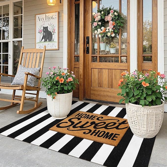 Collive Black and White Outdoor Rug 3'x 5', Hand Woven Washable Striped Outdoor Christmas Rug, Farmhouse Front Porch Rug Decor, Welcome Layered Door Mats for Front Door Entryway Patio Kitchen
