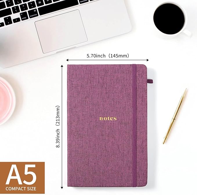 A5 Lined Journal Notebook – Hardcover Fabric Cover 160 Pages 100 GSM Thick Paper With Elastic Band & Pen Holder College Ruled Writing Notebooks for Work School Travel Purplishred