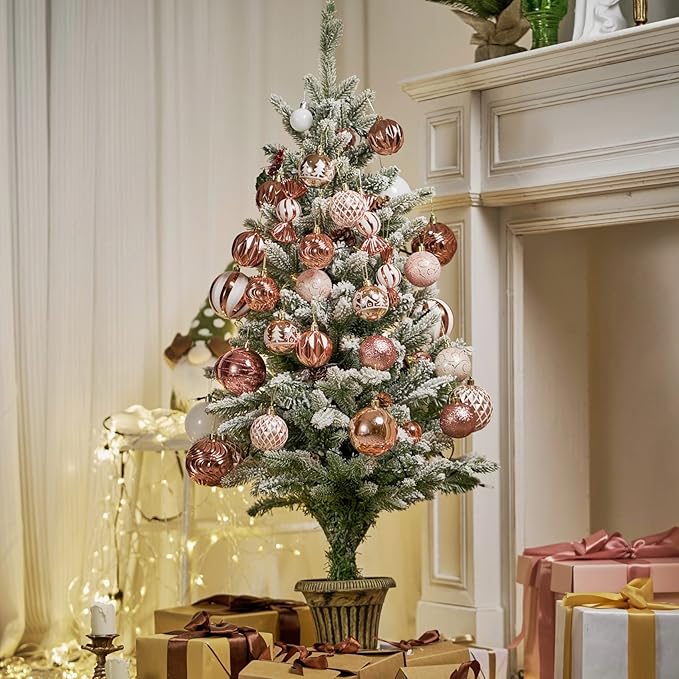 Christmas Ball Ornaments Set Assorted Shatterproof Ornaments 63 PCS Shaped Styles Xmas Tree Holiday Decorative,Rose Gold