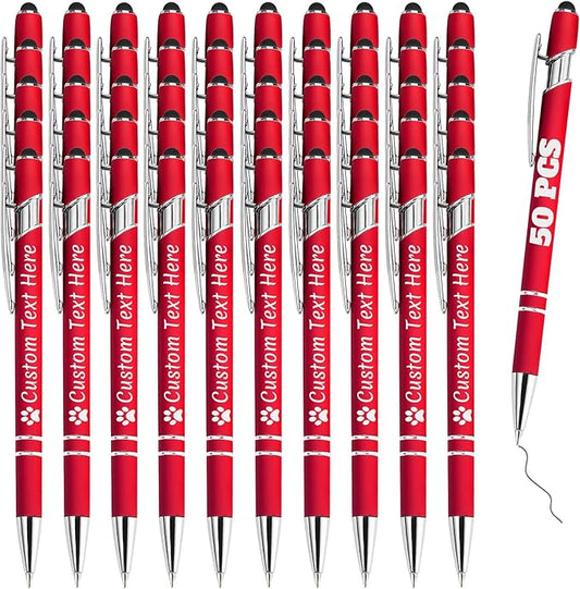 Personalized Pens Bulk 50 with Name Custom Engraving Ballpoint Pens with Stylus Tip Customized Smooth Writing Pens Personalized Gifts for Anniversary Birthday or Graduation(Red,Black Ink)