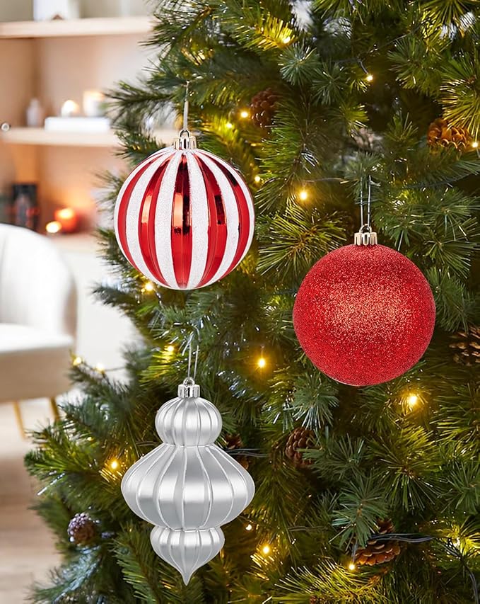 4" Christmas Ball Ornaments Set 12PCS Large Shatterproof Plastic Ornaments Christmas Tree Ball Hanging Ornaments for Xmas Tree Wedding Party Holiday Decorations - Silver, Red