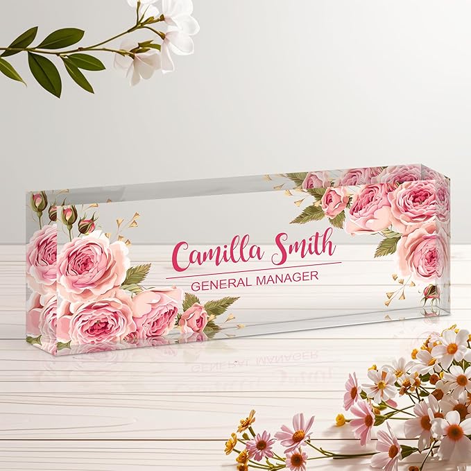 Ship Next Day Personalized Name Plate for Desk, Custom Acrylic Desk Name Sign, Office Appreciation Gifts for Women Men Coworkers Boss Teacher Employee (Pink Rose)