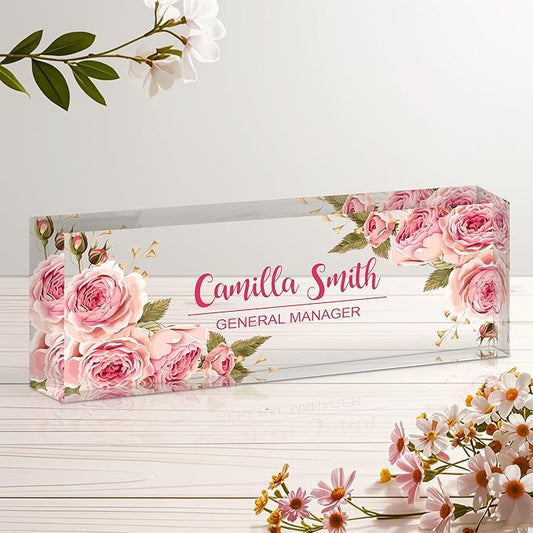 Ship Next Day Personalized Name Plate for Desk, Custom Acrylic Desk Name Sign, Office Appreciation Gifts for Women Men Coworkers Boss Teacher Employee (Pink Rose)