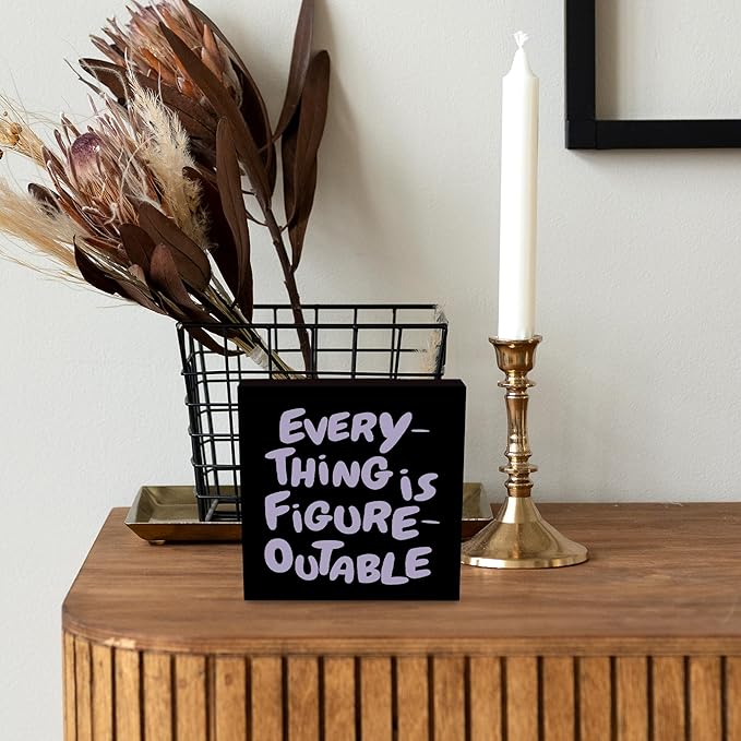 Inspirational Black Purple Office Decor, Every Thing is Figure Outable Motivational Office Accessories Wooden Box Sign, Inspirational Gifts for Women, Men Wall Desk Shelf Tabletop Decoration 5x5In