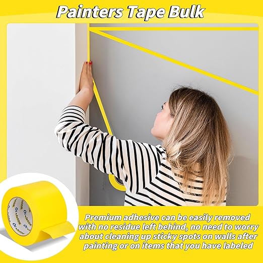 22 Rolls Yellow Painters Tape Bulk 2 inch x 55 Yards, Painters Masking Tape No Residue Wall Painting Tape Artist Tape Trim Edge Finishing Tape for Wall Painting Decoration DIY Supplies