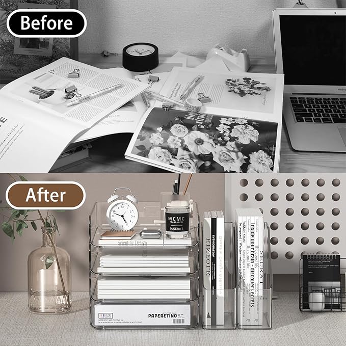 4-Tier Brown Acrylic Paper Tray Organizer for Desk + 2 Bookends – Stackable Letter Tray, Acrylic Desk Accessories/File Organizer, Office Paper Organizer