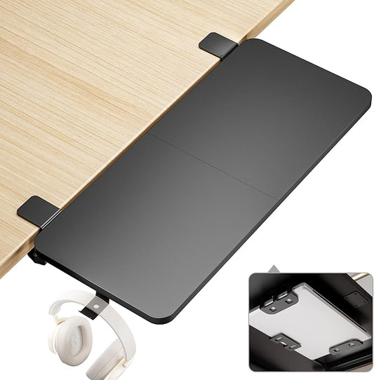 Desk Extender Tray, 28" x 12" Clamp On Desk Shelf, Desk Extension with Laptop Holder, Table Desk Arm Rest, Clamp On Keyboard Tray for Office and Home, Workstation Organizer, Large, Black