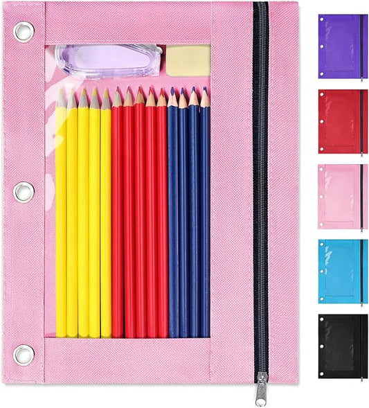 SUNEE Pencil Pouch for 3 ring binder, Pencil Bag for Binder with Zippers, Pink Pencil Case for Students Organizer, Pink